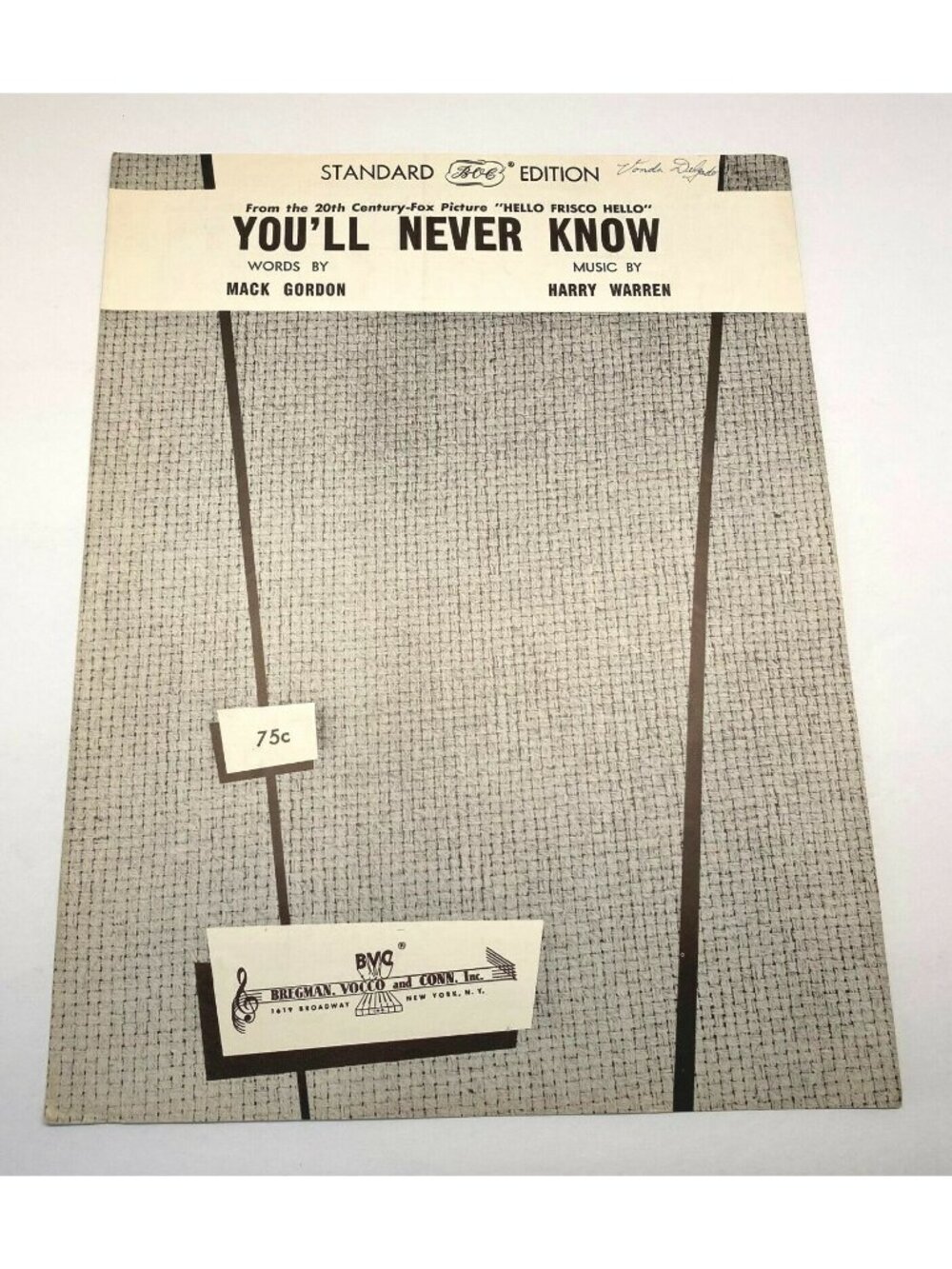 Youll Never Know Vintage Piano Sheet Music From Hello Frisco 1943 Mack Gordon